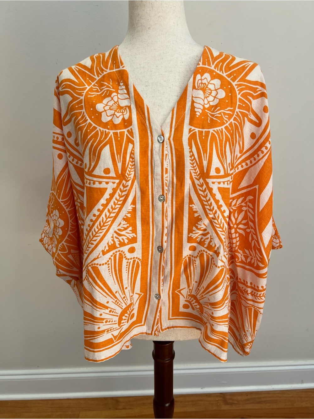 Rachel Zoe Top Large Linen Sun Print Button Front Boxy Wide Sleeve Boho Coastal
